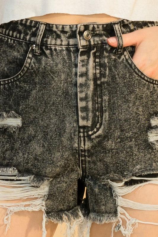 distressed frayed high waist jean shorts-Shorts-HyFve-alomfejto