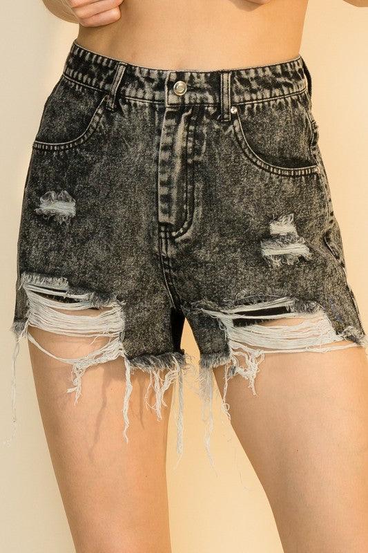 distressed frayed high waist jean shorts-Shorts-HyFve-Black-HF21G009-4-RK Collections Boutique