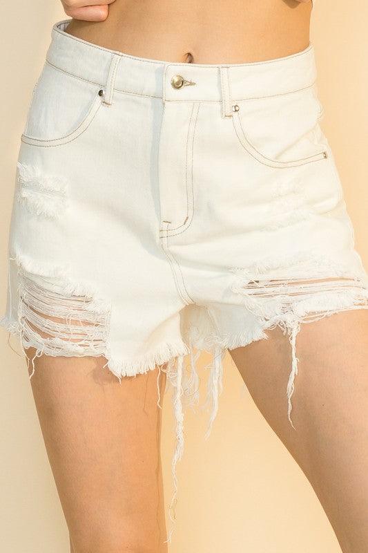 distressed frayed high waist jean shorts-Shorts-HyFve-White-HF21G009-7-RK Collections Boutique