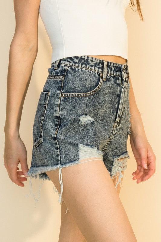 distressed frayed high waist jean shorts-Shorts-HyFve-RK Collections Boutique