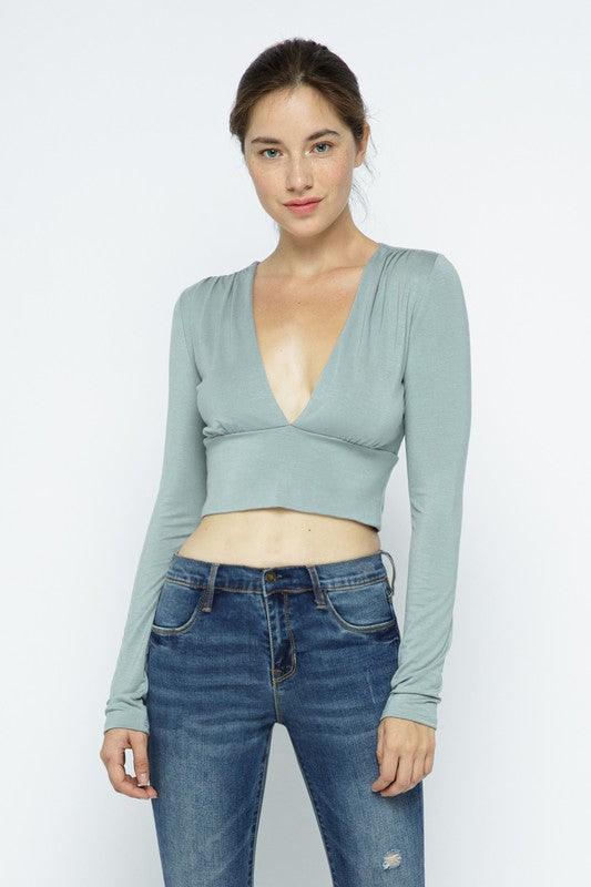double layered deep v-neck long sleeve crop top-Tops-Long Sleeve-Wasabi + Mint-RK Collections Boutique