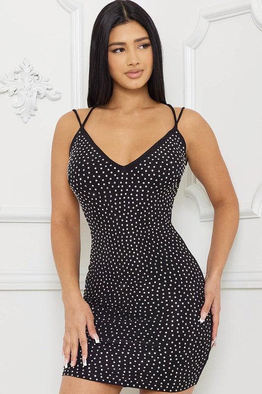 double strap open back rhinestone studded mini dress - RK Collections Boutique