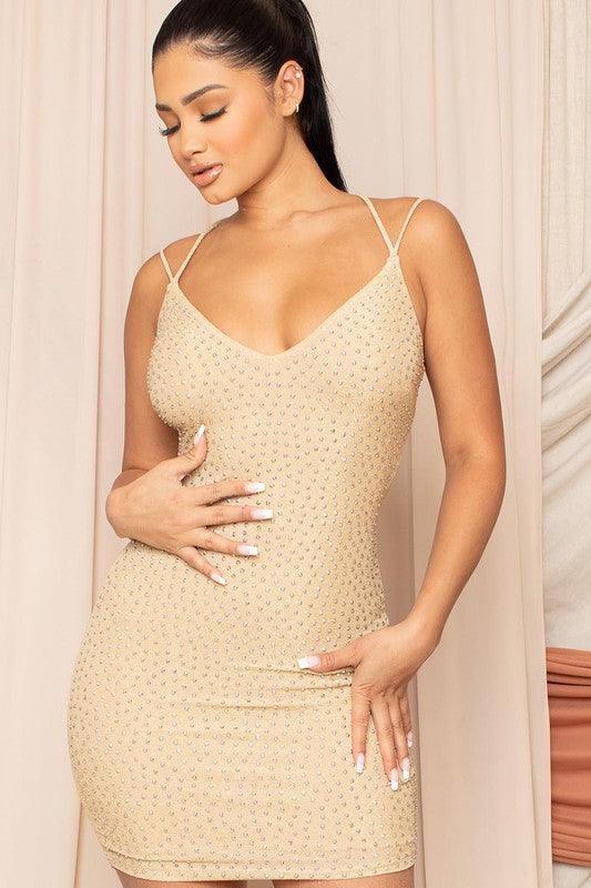 double strap open back rhinestone studded mini dress - RK Collections Boutique