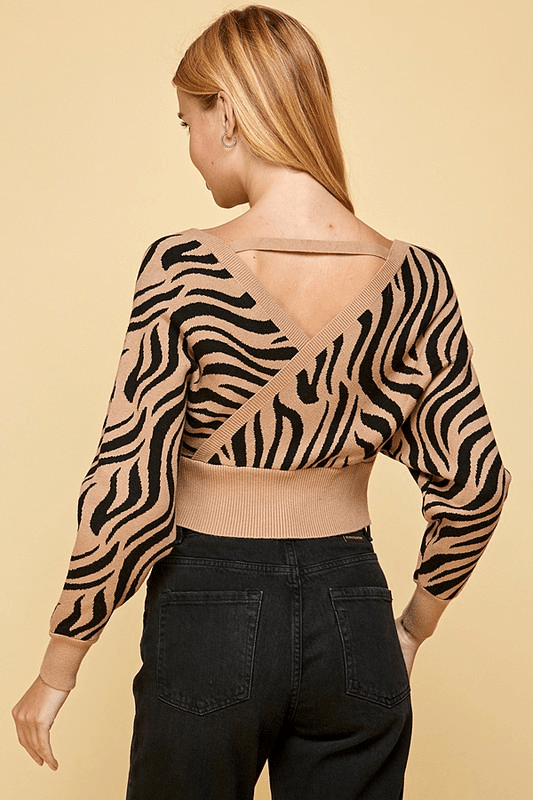 double v-neck tiger print long sleeve sweater - alomfejto