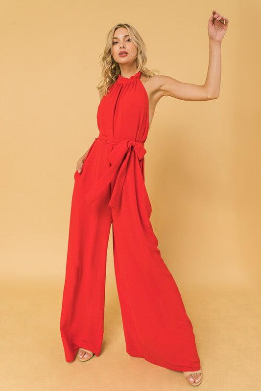dressy halter neck low back jumpsuit-Jumpsuit-A. Calin-Red-AP1851-1-RK Collections Boutique