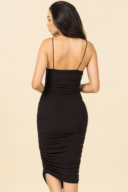 sleeveless square neck ruched midi dress - RK Collections Boutique