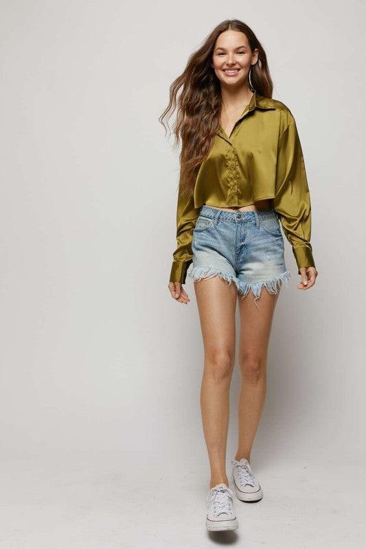 oversized long sleeve satin crop top - RK Collections Boutique