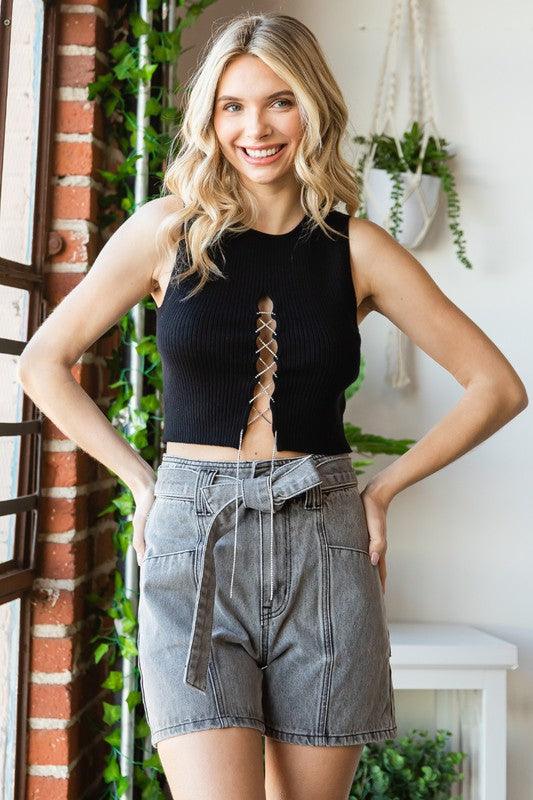 Rhinestone Chain Lace Up Ribbed Crop Tank Top - RK Collections Boutique