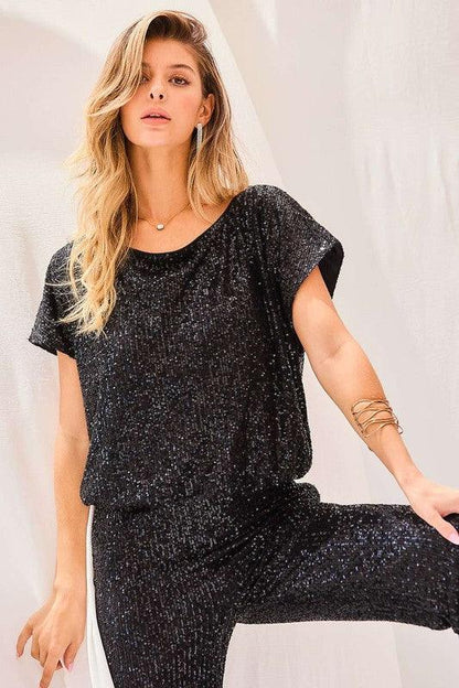 sequin boat neck top w/elastic waist - alomfejto