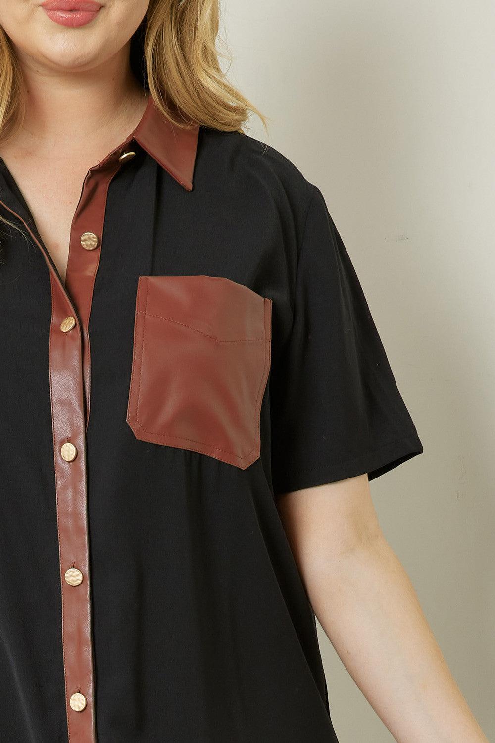 PLUS faux leather trim & pocket button down dress