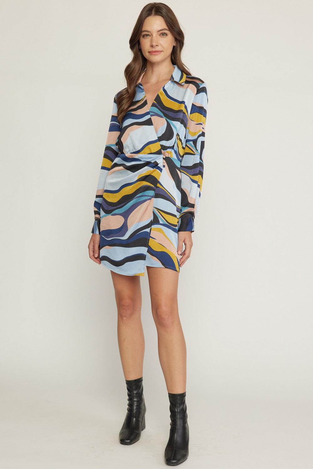 Swirl print collared v-neck wrap style mini dress - RK Collections Boutique