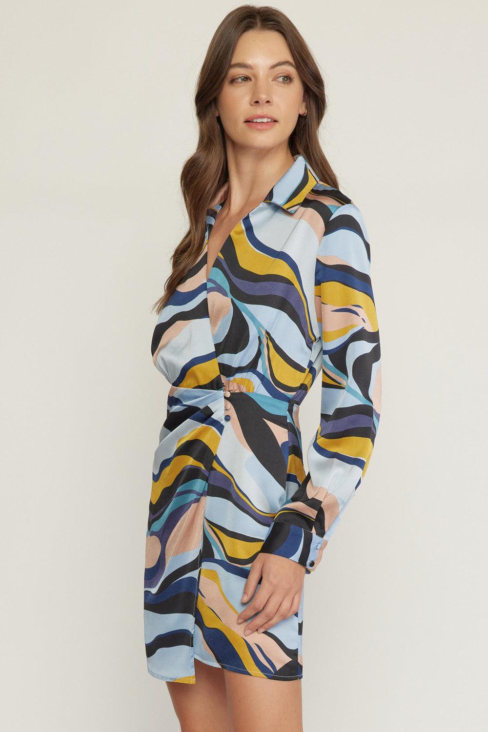 Swirl print collared v-neck wrap style mini dress - RK Collections Boutique