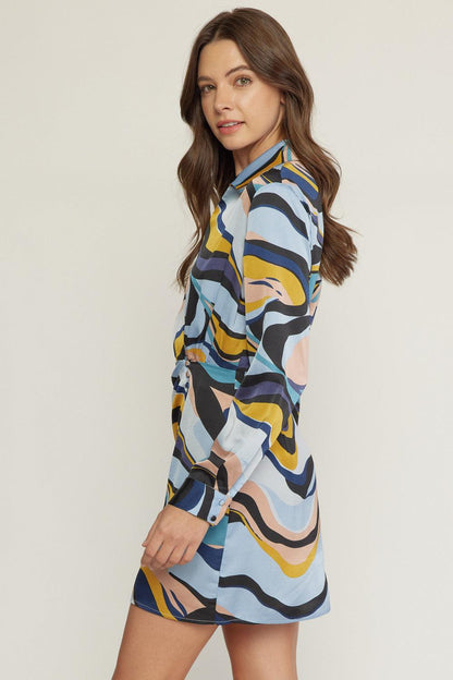 Swirl print collared v-neck wrap style mini dress - alomfejto