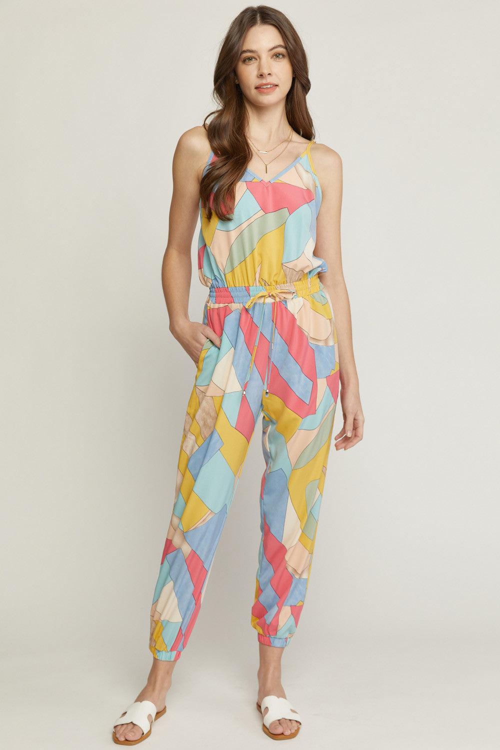 double v printed jumpsuit with adjustable straps