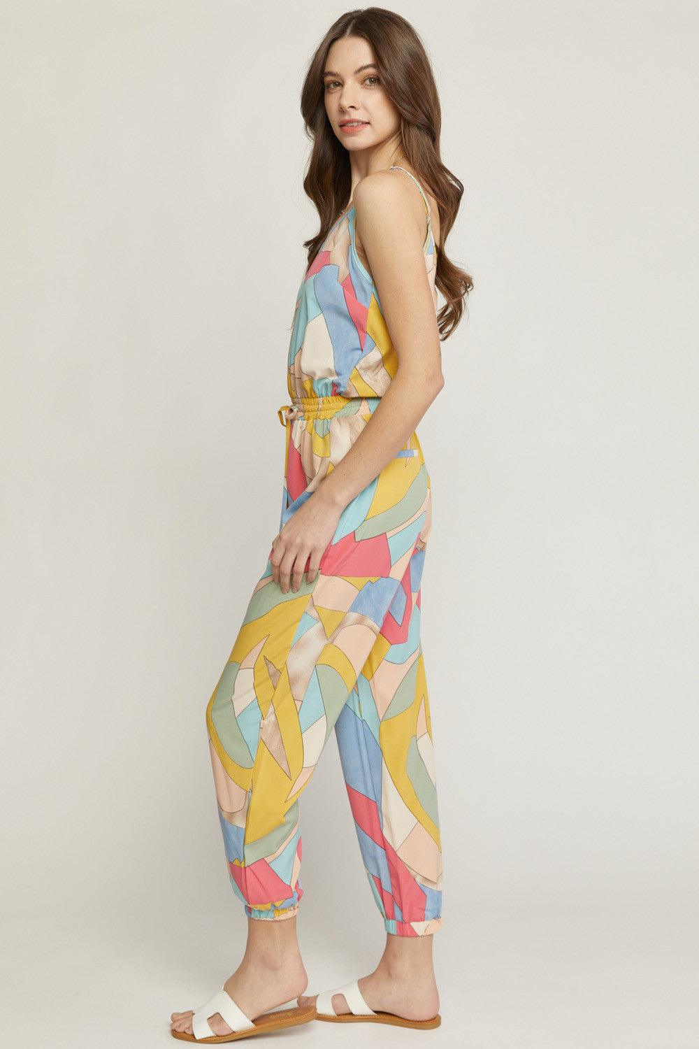 double v printed jumpsuit with adjustable straps - alomfejto