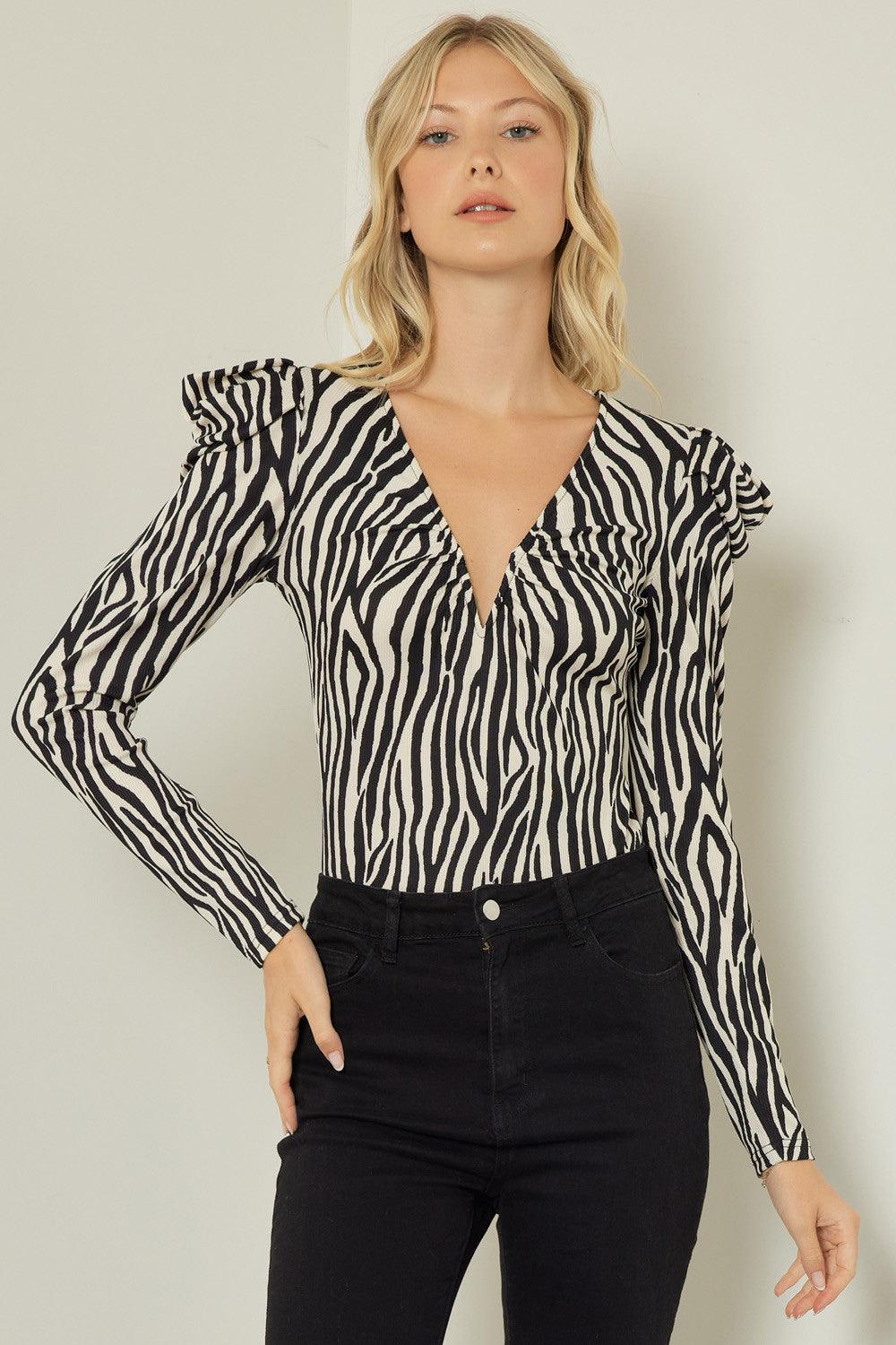 Zebra print v-neck long sleeve bodysuit - RK Collections Boutique