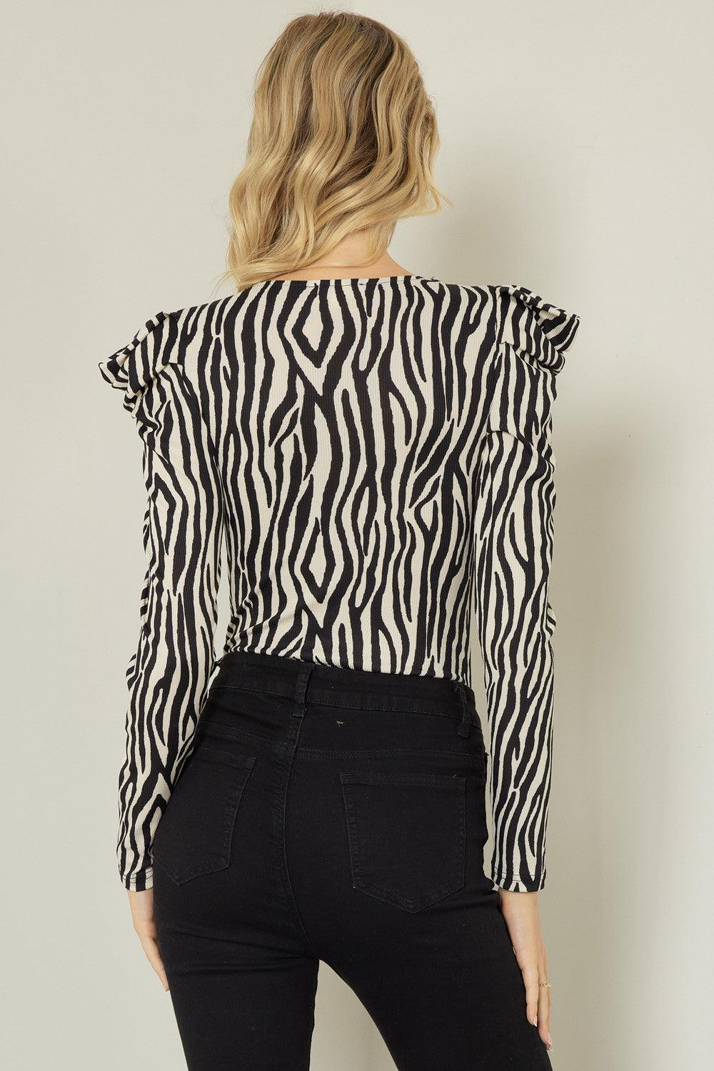 Zebra print v-neck long sleeve bodysuit - RK Collections Boutique
