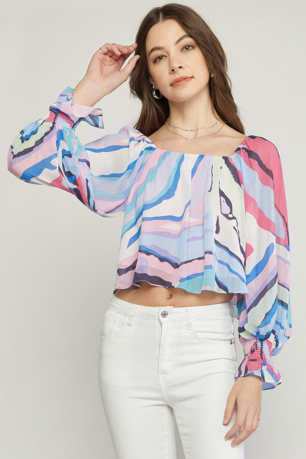 abstract print off the shoulder top