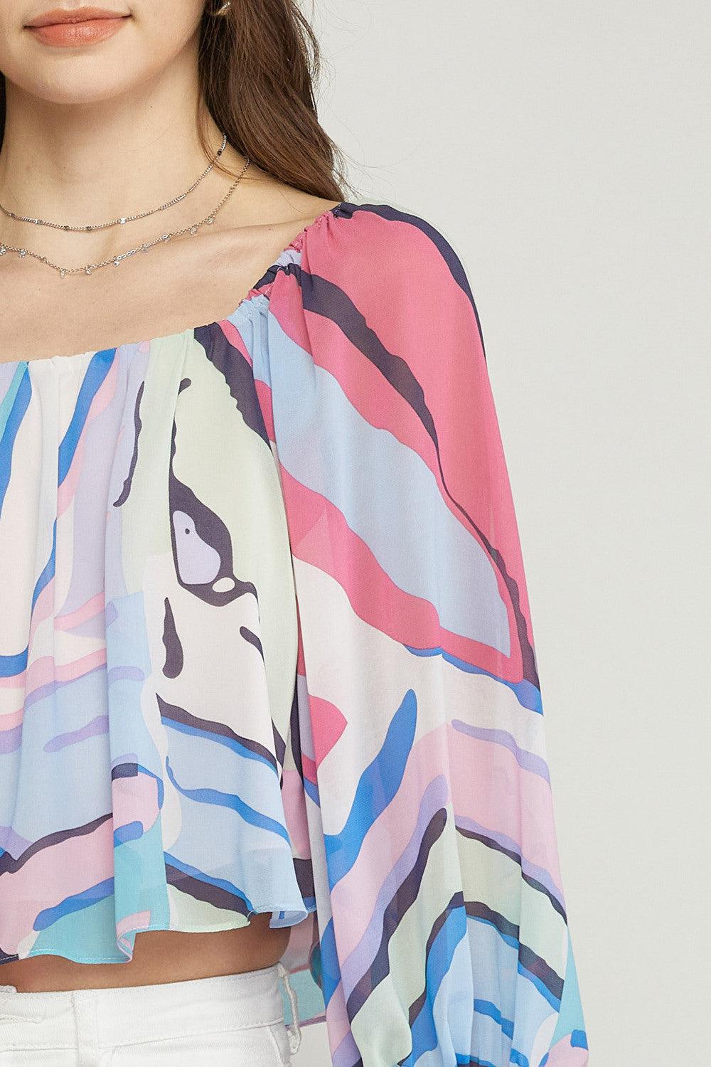 abstract print off the shoulder top