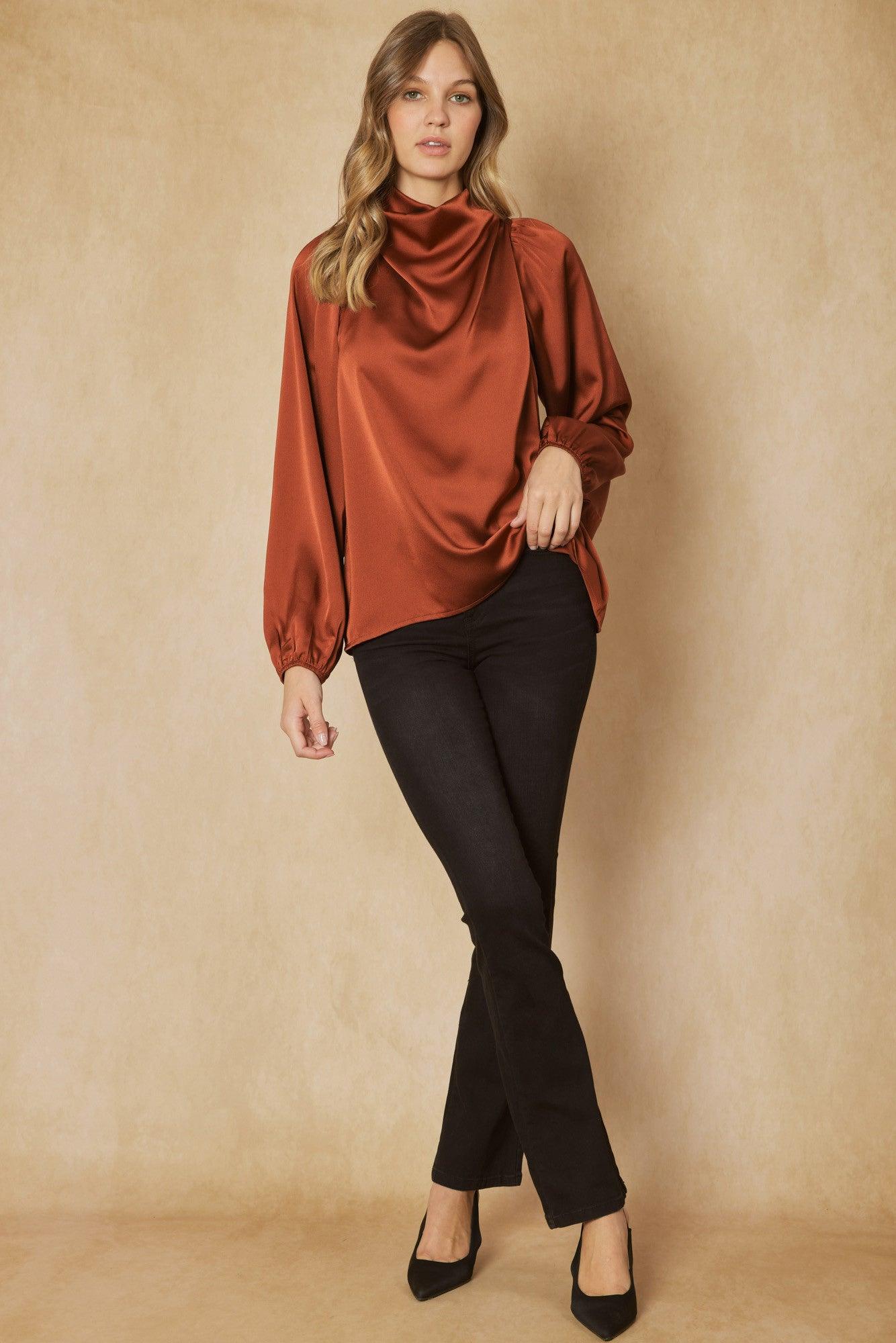 Satin drape neck long sleeve top - RK Collections Boutique