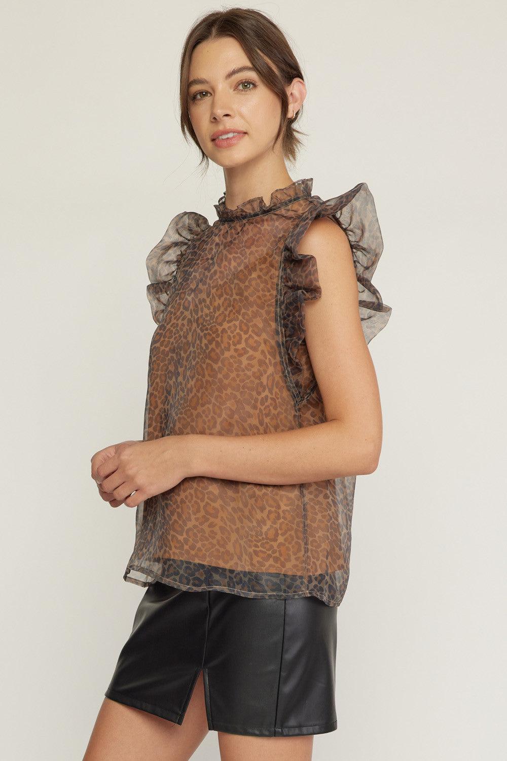 Cheetah print sheer organza mock neck ruffle sleeve top - RK Collections Boutique