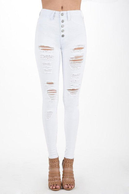 Exposed Buttons High Rise Destroyed Skinny Jeans-Jeans-Hammer Premium Denim-White-8508-1-RK Collections Boutique