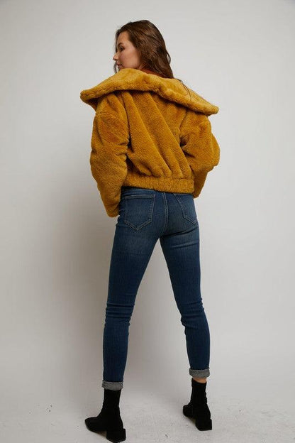 faux fur elastic waist jacket w/ hood - alomfejto
