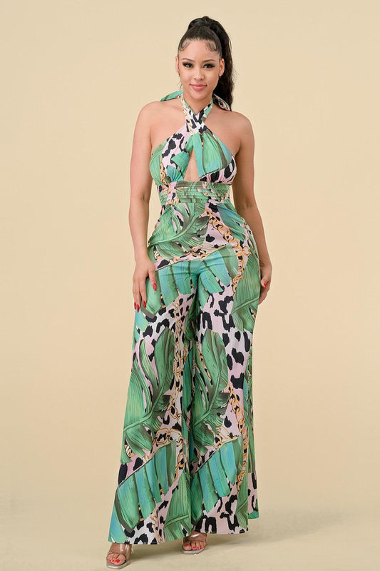 tropical & leopard print halter jumpsuit - alomfejto