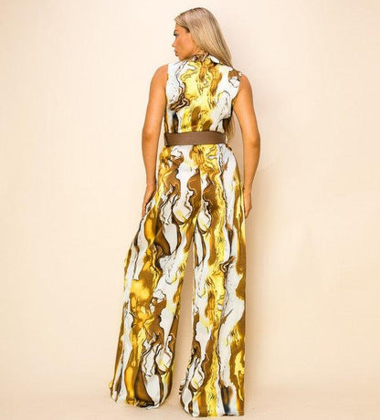 printed sleeveless belted jumpsuit - RK Collections Boutique