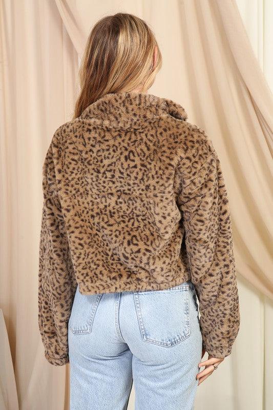 faux fur leopard print zip up jacket - RK Collections Boutique