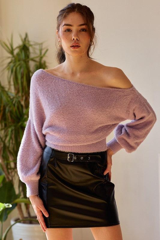 faux fur one shoulder cropped sweater - alomfejto