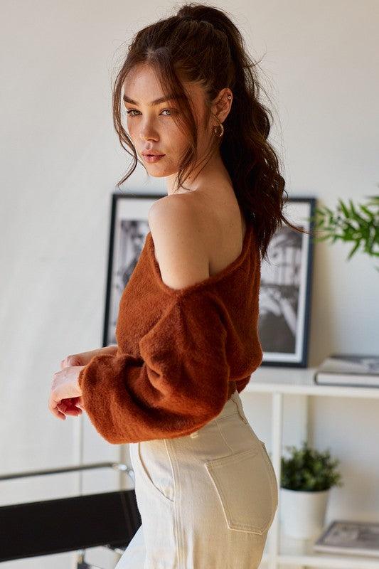 faux fur one shoulder cropped sweater - RK Collections Boutique