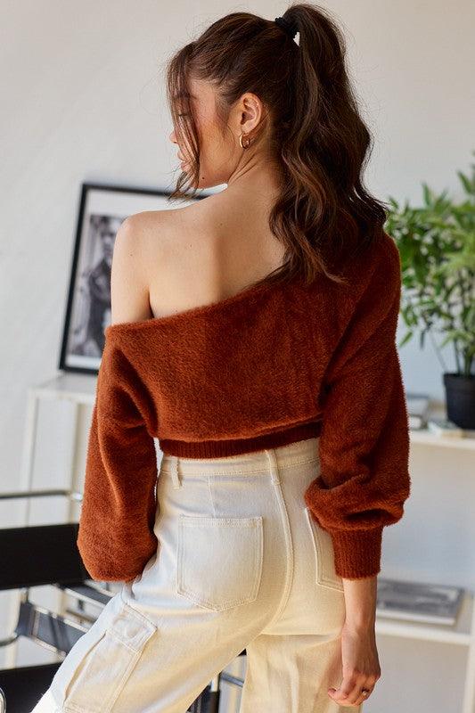 faux fur one shoulder cropped sweater - RK Collections Boutique