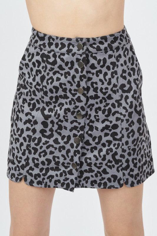Faux suede leopard button down skirt-Skirts-Very J-Grey-VS50736-1-RK Collections Boutique
