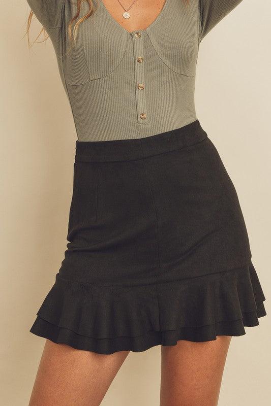 Faux Suede Ruffled Hem Skirt-Skirts-Dress Forum-Black-FS4031-1-RK Collections Boutique