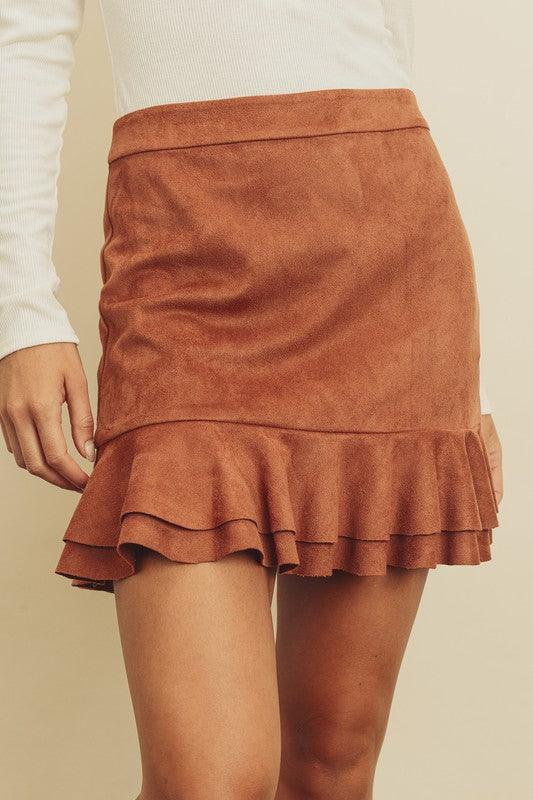 Faux Suede Ruffled Hem Skirt-Skirts-Dress Forum-Brown-FS4031-4-alomfejto