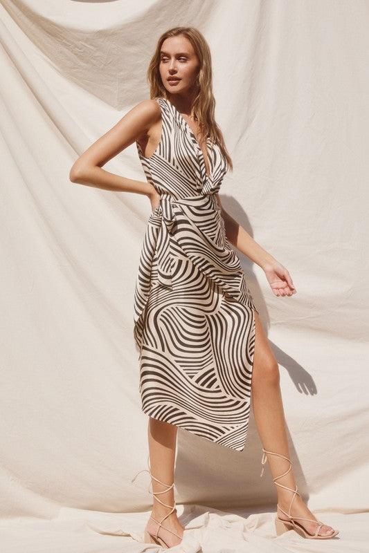 Asymmetrical Hem Sleeveless Midi Wrap Dress - alomfejto