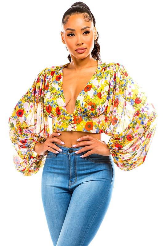 floral bubble long sleeve crop top-Tops-Long Sleeve-DAY G-Yellow-DT12953C-2Y-1-RK Collections Boutique