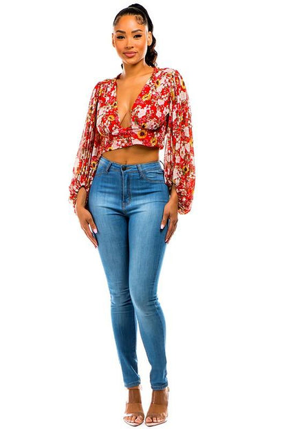 floral bubble long sleeve crop top-Tops-Long Sleeve-DAY G-RK Collections Boutique