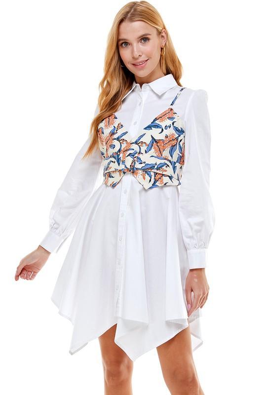 2pc set-Woven Shirt Dress with Floral Vest-Dress-TCEC-White/Blue-CD01921J-1-RK Collections Boutique