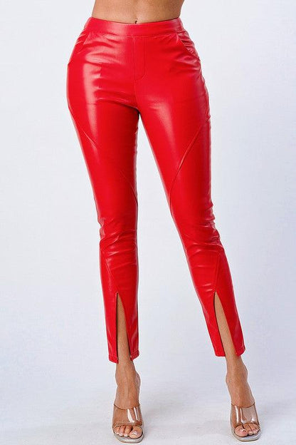 front slit high waist leather pants-Pants-Privy-Red-PB30536E-W-1-RK Collections Boutique