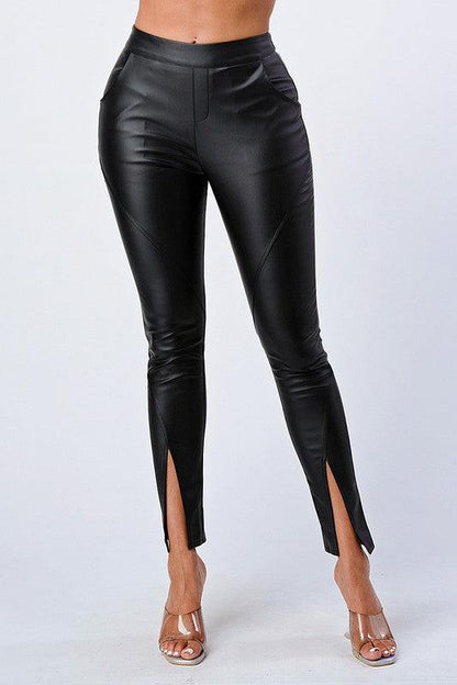 front slit high waist leather pants-Pants-Privy-Black-PB30536E-W-7-RK Collections Boutique