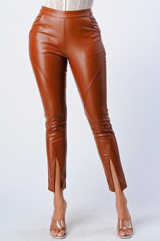 front slit high waist leather pants-Pants-Privy-Brown-PB30536E-W-10-RK Collections Boutique