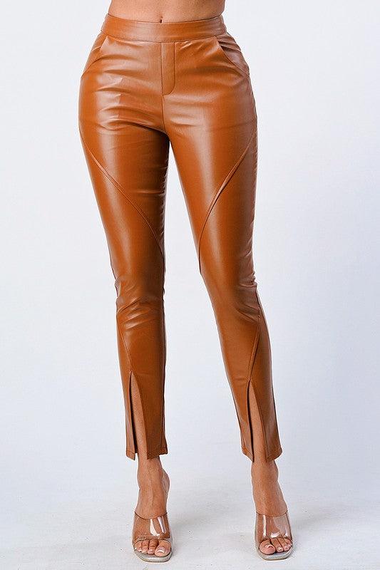 front slit high waist leather pants-Pants-Privy-Camel-PB30536E-W-13-RK Collections Boutique