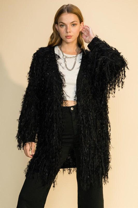 fuzzy fringe open front cardigan - RK Collections Boutique