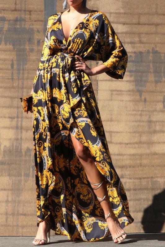 gilded scroll print long sleeve v-neck slit maxi dress-Dress-Maxi-Dress Day-Black-DD1818-1-RK Collections Boutique