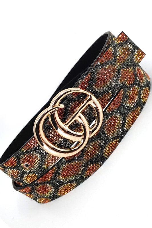 GO buckle animal print rhinestone bling belt-Accessory:Belt-S&J First-Snake-ABT285MOCHA-RK Collections Boutique