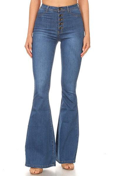 high waist stretch bell bottom jean with exposed buttons-Jeans-JC & JQ-Medium Wash-GP3319-S-RK Collections Boutique