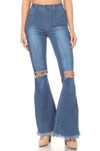 High waist stretch bell bottom with rips and fray-Jeans-JC & JQ-Medium Wash-GP3322-S-RK Collections Boutique