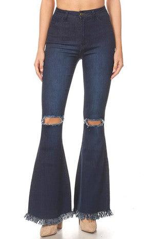 High waist stretch bell bottom jeans with rip & fray hem-Jeans-JC & JQ-Dark Denim-GP3323-S-RK Collections Boutique